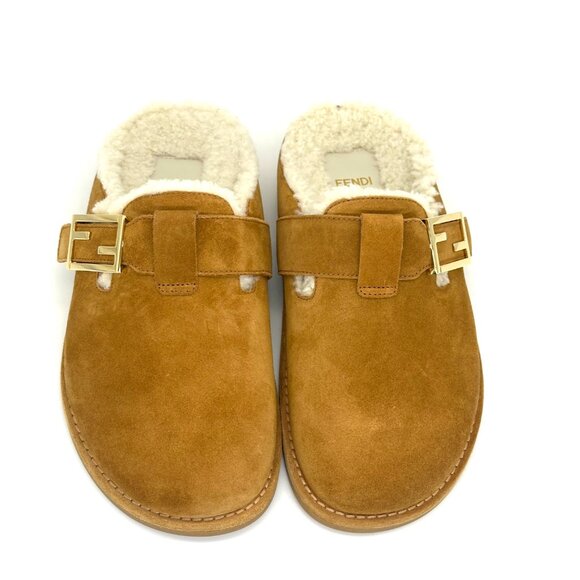 FENDI Feel FF Shearling  Buckled Sabots Mules Slides Flat Clog Sandals - Picture 9 of 16